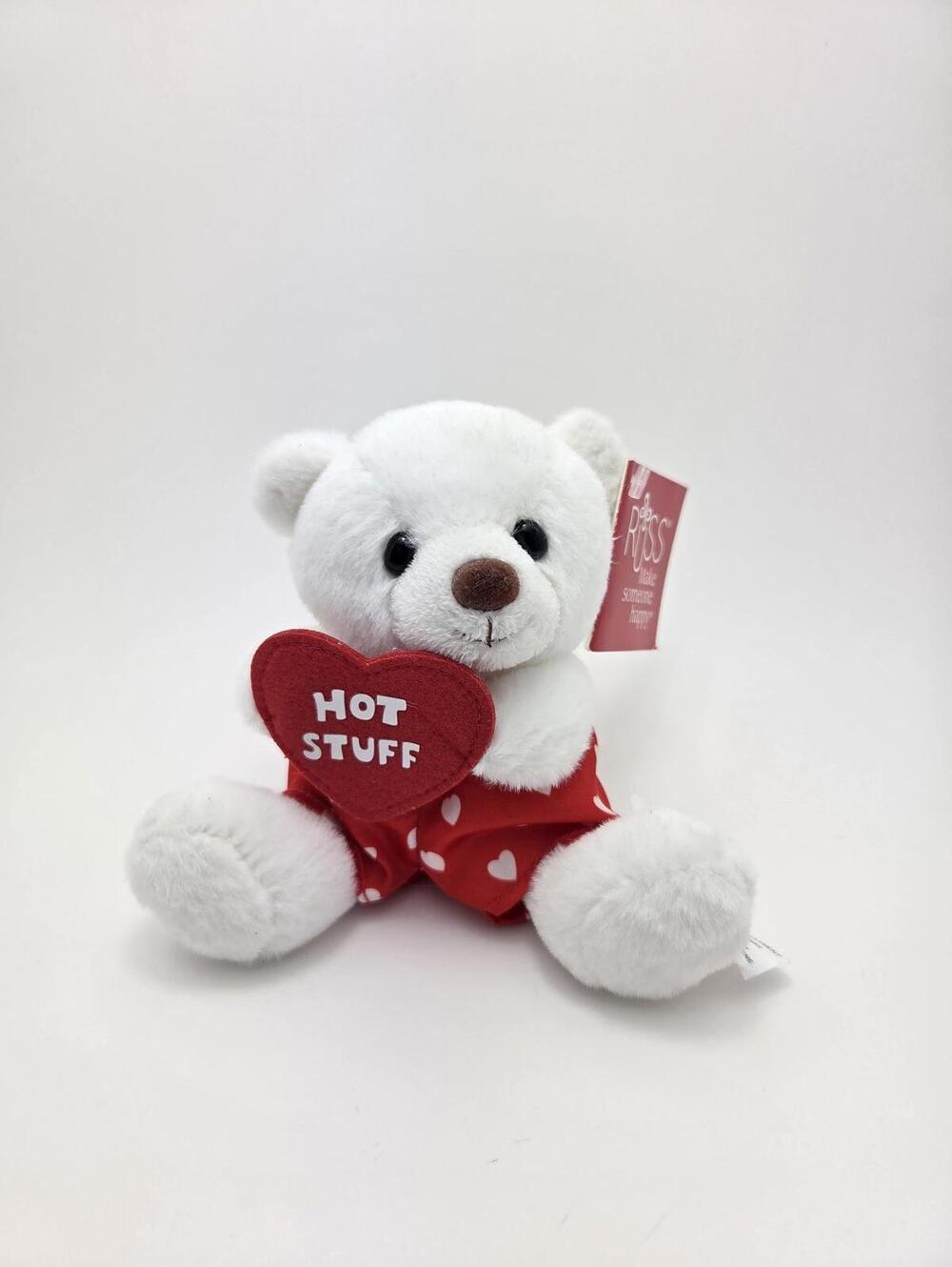 Russ Plush Adorable White Bear Holding "Hot Stuff" Heart (5 inch)
